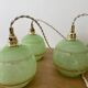 Vintage art deco triple globe pendant light in mint and gold glass