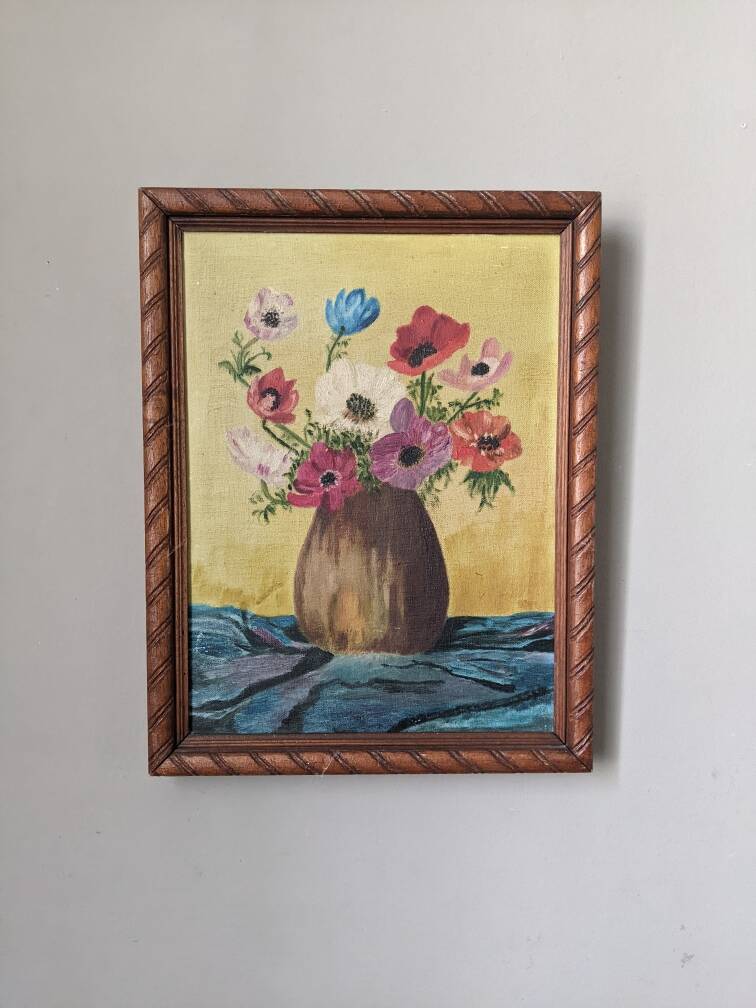 Acrylic painting on canvas, old still life, bouquet of flowers