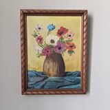 Acrylic painting on canvas, old still life, bouquet of flowers