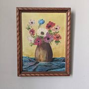 Acrylic painting on canvas, old still life, bouquet of flowers