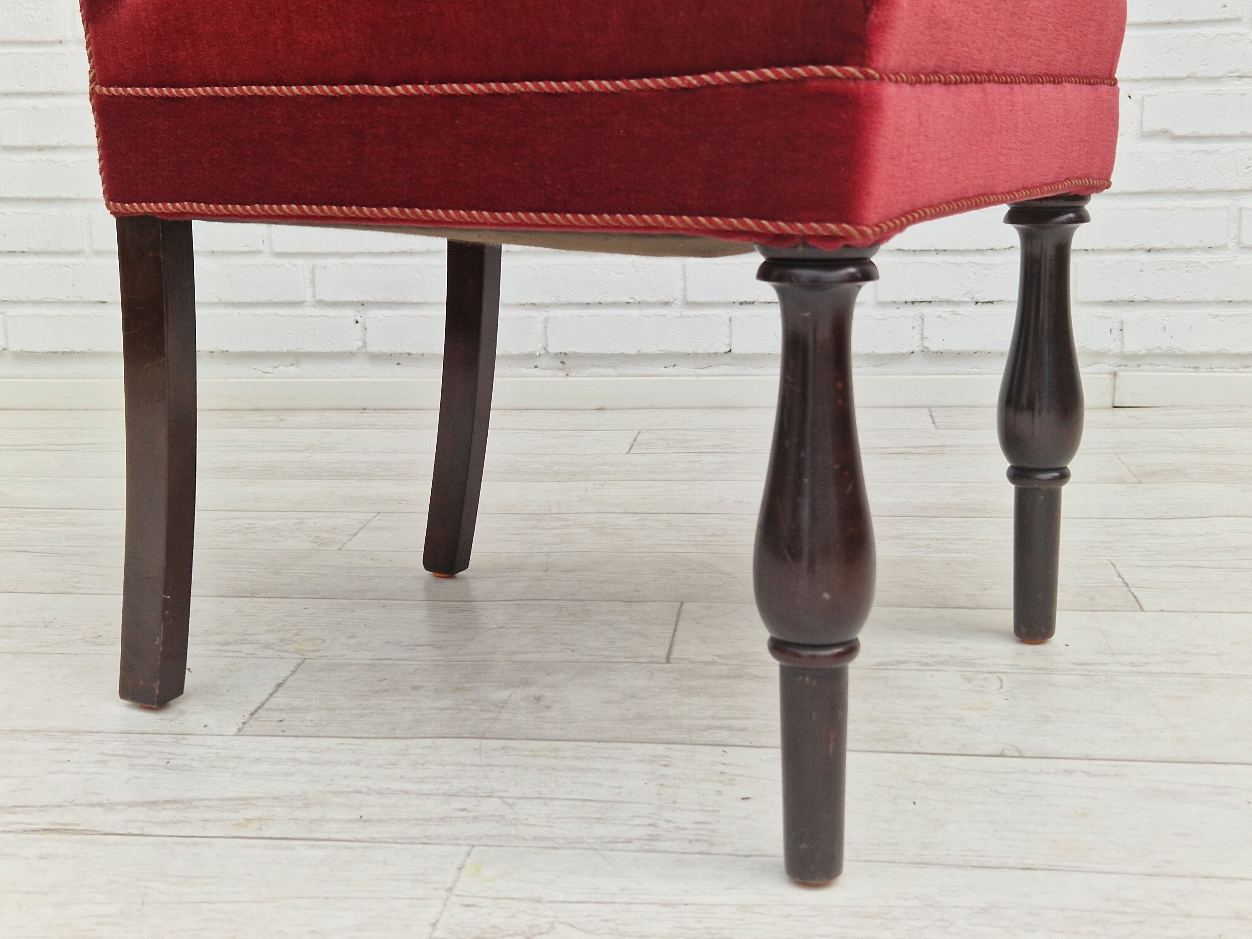 Set of 4 dinning chairs, oak wood, cherry-red velour, 1950s, danish design