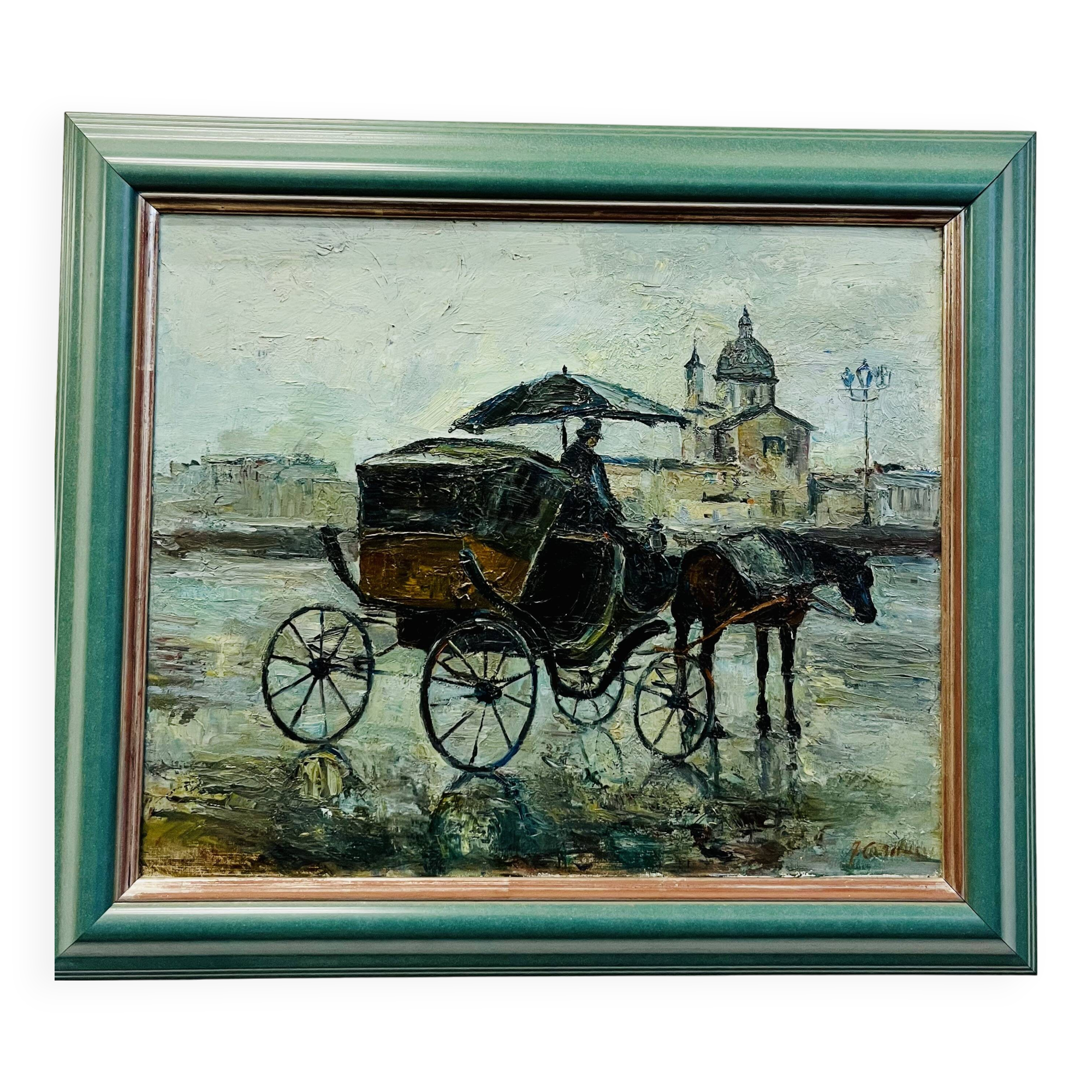 Oil on canvas, horse-drawn carriage in the rain