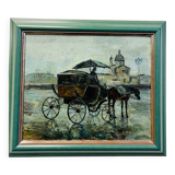 Oil on canvas, horse-drawn carriage in the rain