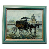 Oil on canvas, horse-drawn carriage in the rain