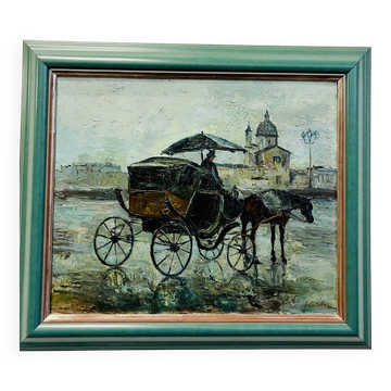 Oil on canvas, horse-drawn carriage in the rain