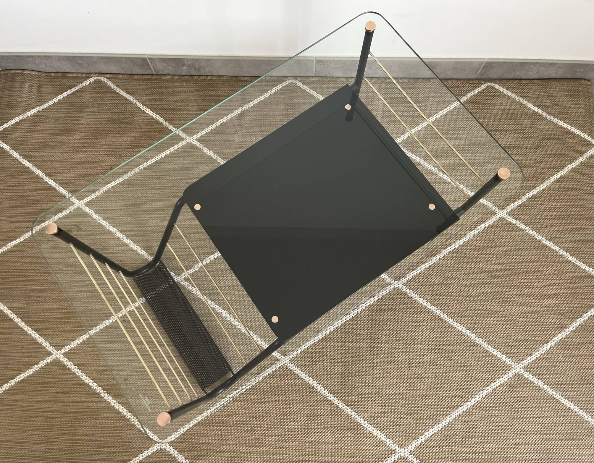 Roche Bobois metal and glass coffee table with magazine rack from the 50s