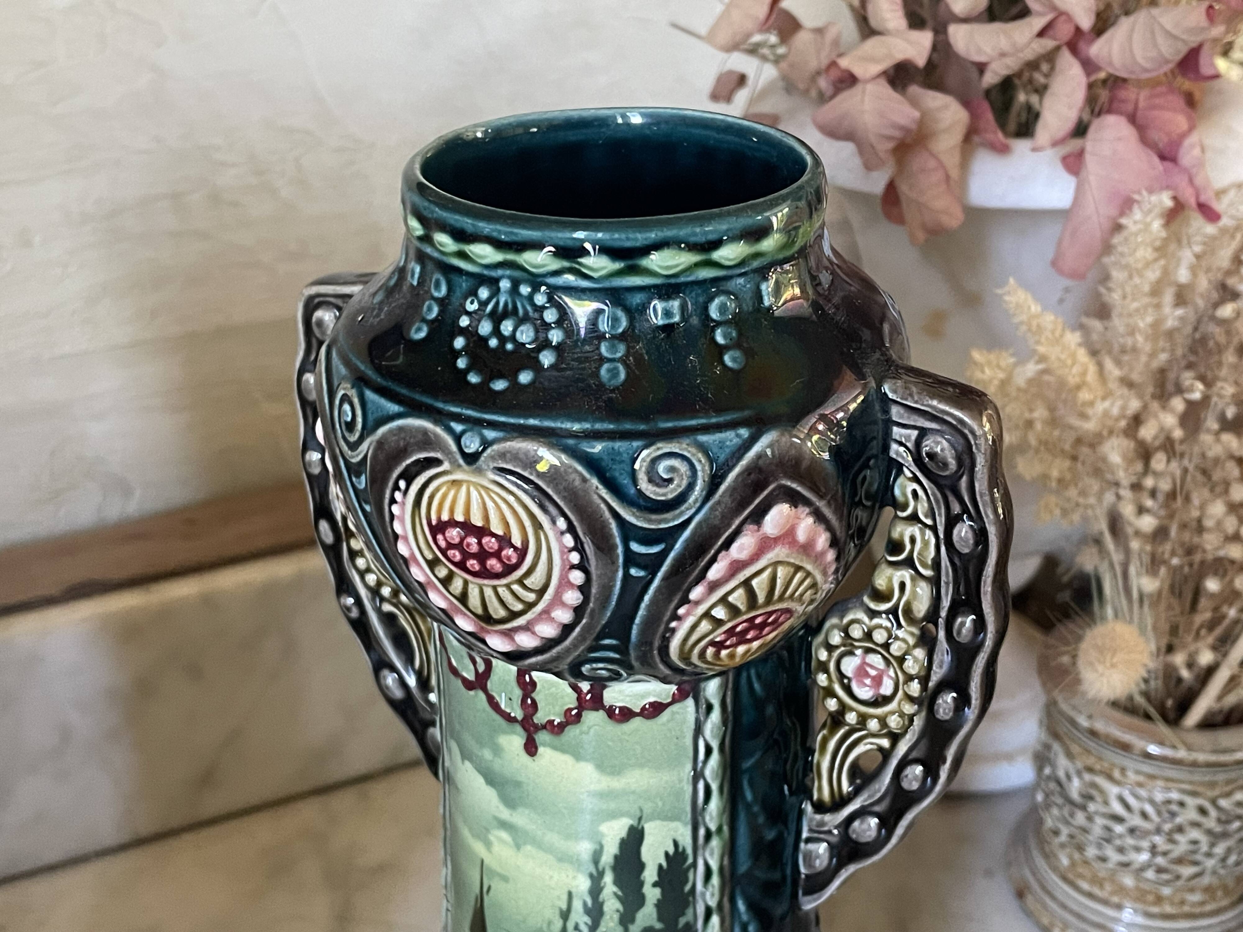Pair of Art Nouveau slipware vases, hand-painted decoration.