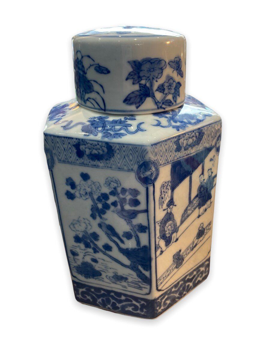 White and blue porcelain tea pot circa 1950