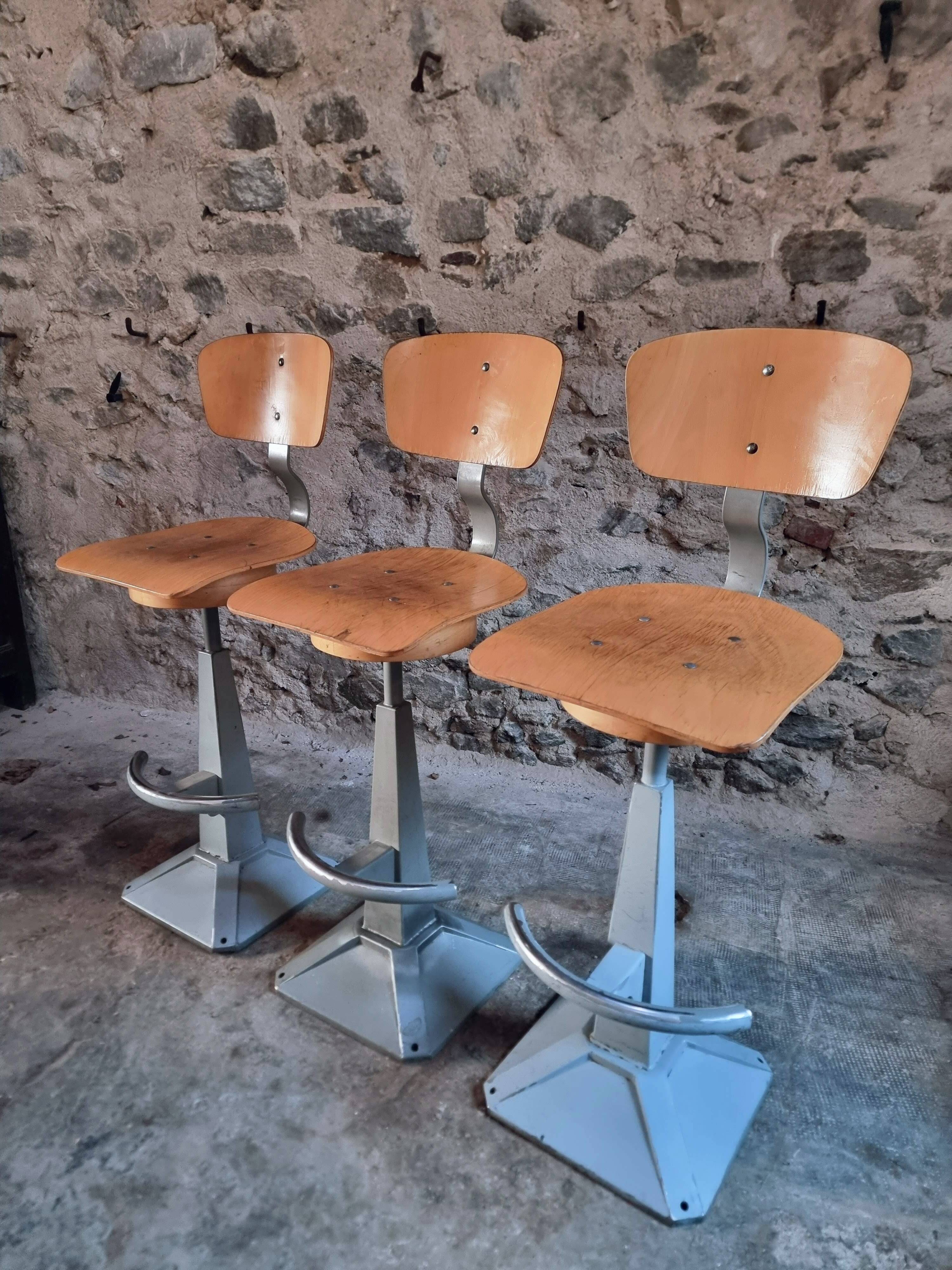 Set of 3 industrial swivel workshop chairs – fixed height bar stools – mid-century factory seats