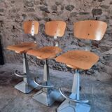 Set of 3 industrial swivel workshop chairs – fixed height bar stools – mid-century factory seats