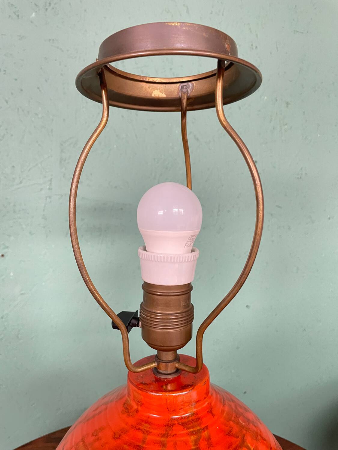 Art Deco HAK Herman Kähler Pottery Lamp, c.1930s Orange Globe with Brass Details