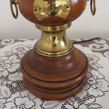 French Mid Century Round Turned Wood Lamp Base With Gold 1852 Tag & Handles