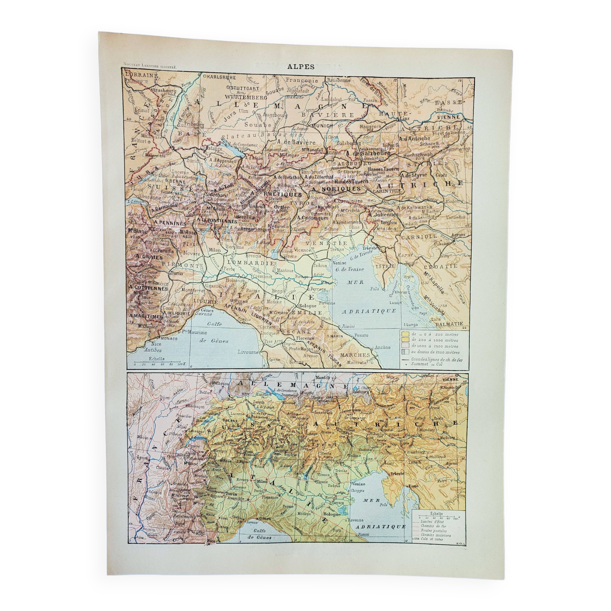 Old engraving 1898, Alps, map, mountain • Original and vintage lithograph