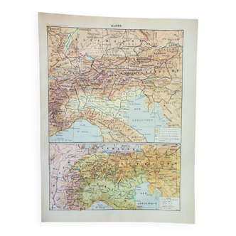 Gravure ancienne 1898, Alpes, carte, montagne • Lithographie originale et vintage