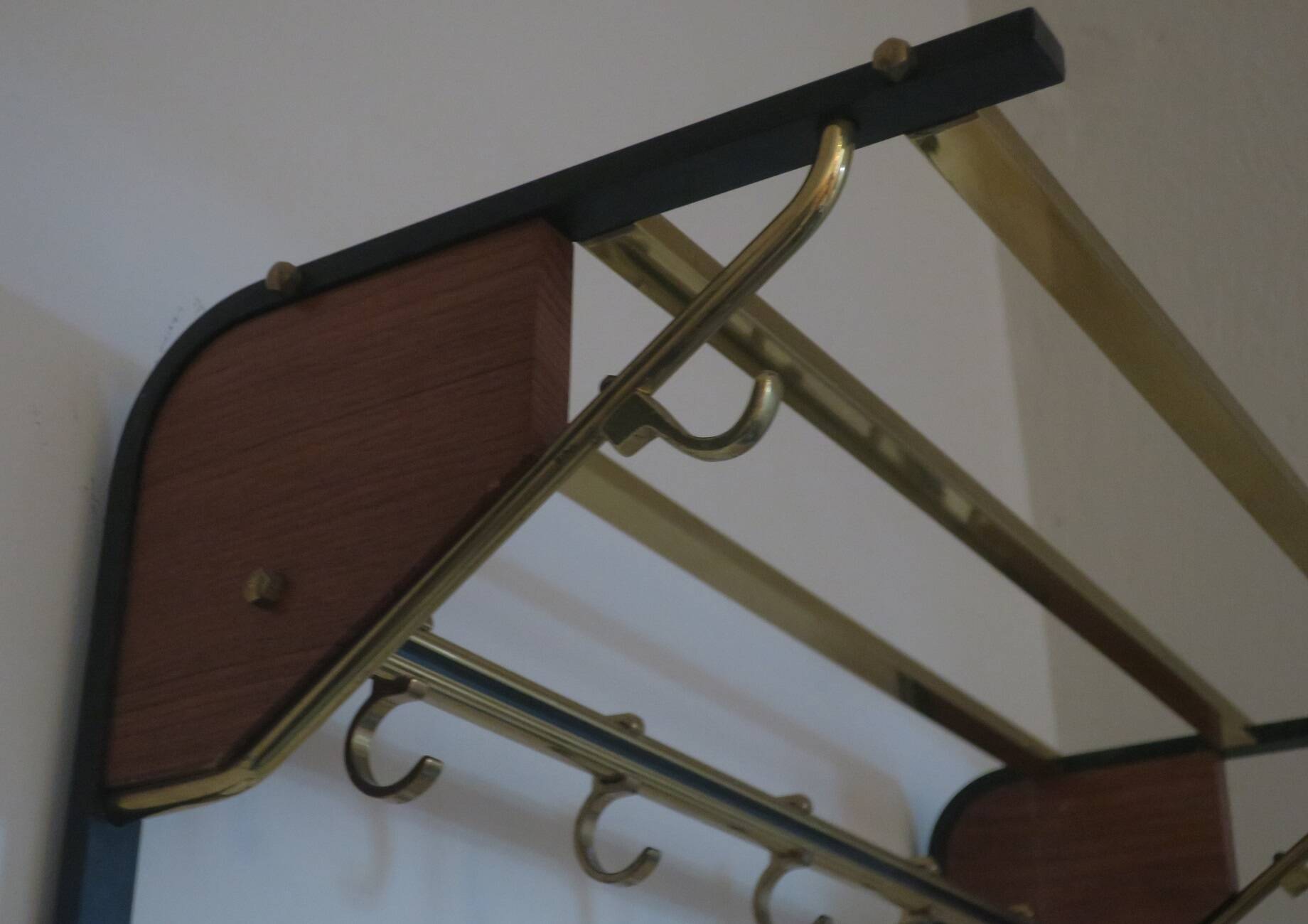Mid-century brass and teak wall coat rack, 1960s
