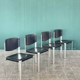 Set of 4 Matteo Grassi Postmodern Black Leather Dining Chairs, Italy, 1980s