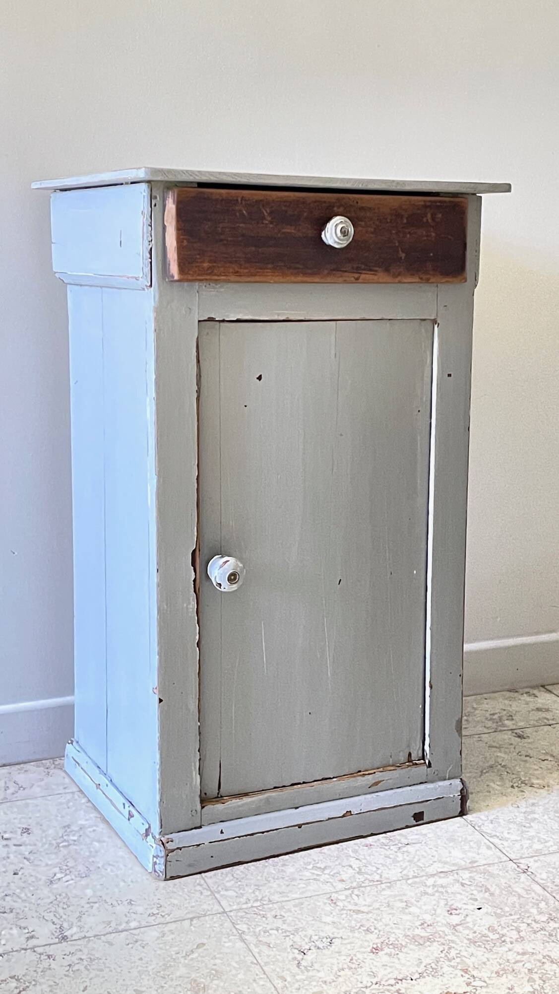 Antique Bedside Table in Weathered Grey Wood
