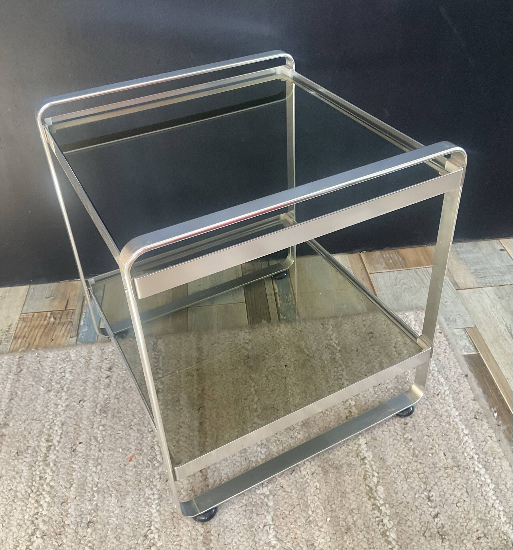 Space Age side table in aluminium and smoked glass