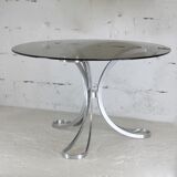 Living room table "Space Age" polished steel, circular slab smoked glass. France, circa 1970.