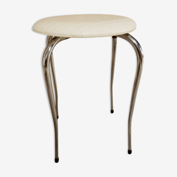 Tabouret en skaï blanc quadrillé pieds en métal chromé vintage