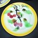 Orchies set of 6 yellow earthenware dessert plates with stencilled fruit decoration.