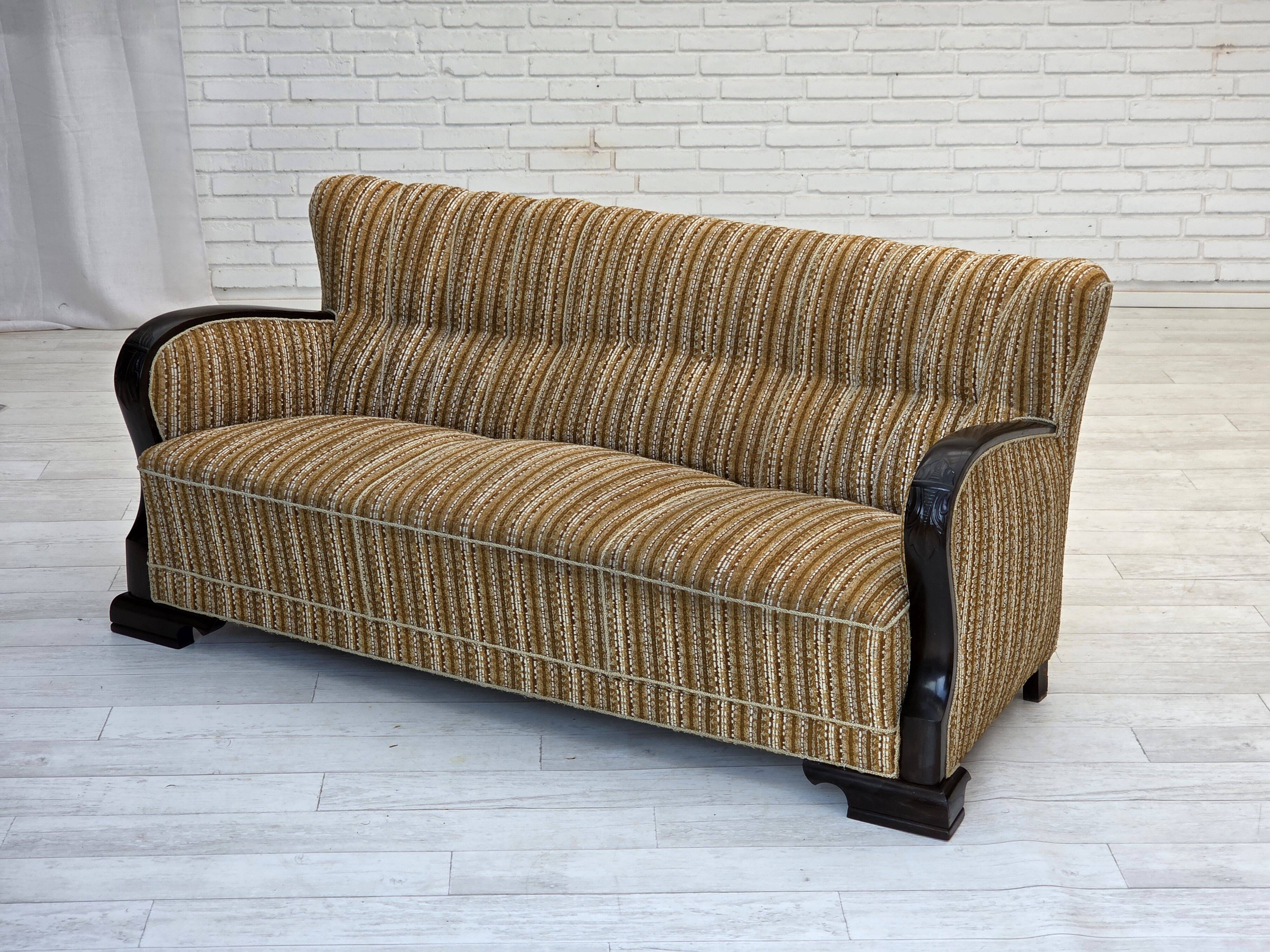 1960s, Danish 3-seater sofa, original, brown furniture wool, beech wood.
