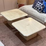 Pair of square nesting coffee tables in white beige travertine marble