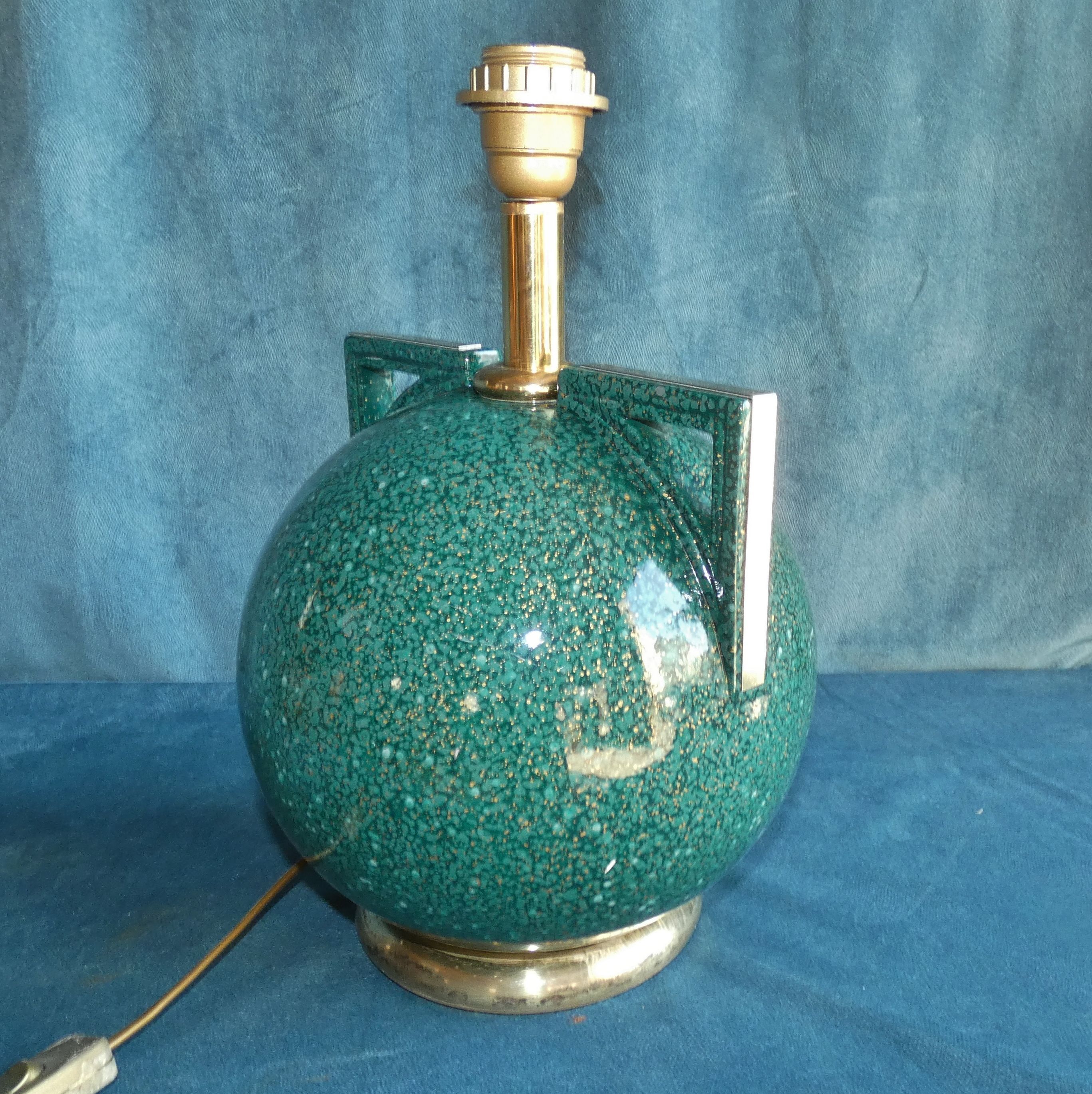 Lamp ball in ceramic green gold style art deco french work circa 1980