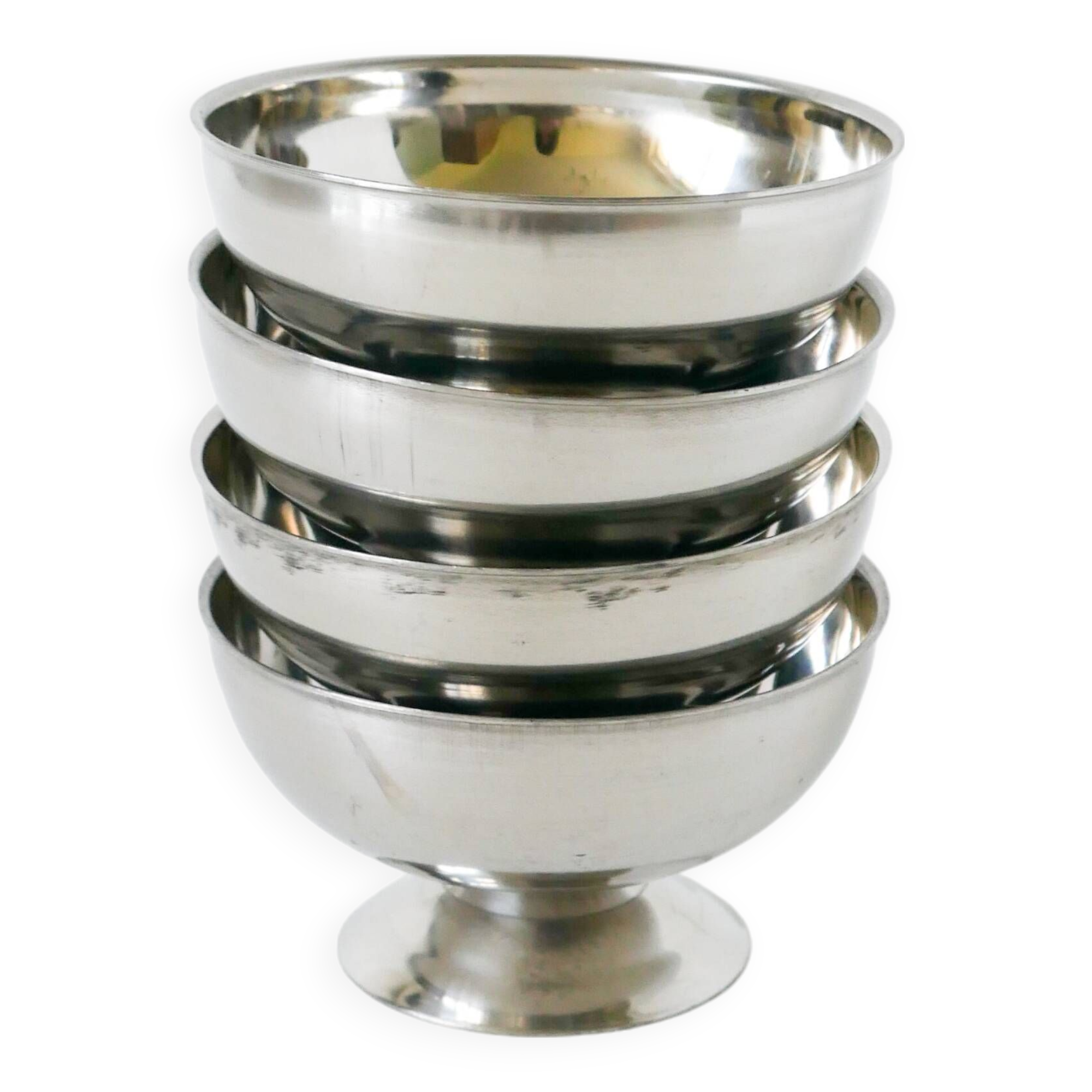Set of 4 small stainless steel ice cream cups, Design, 1970, 9.5 X 5.5 cm