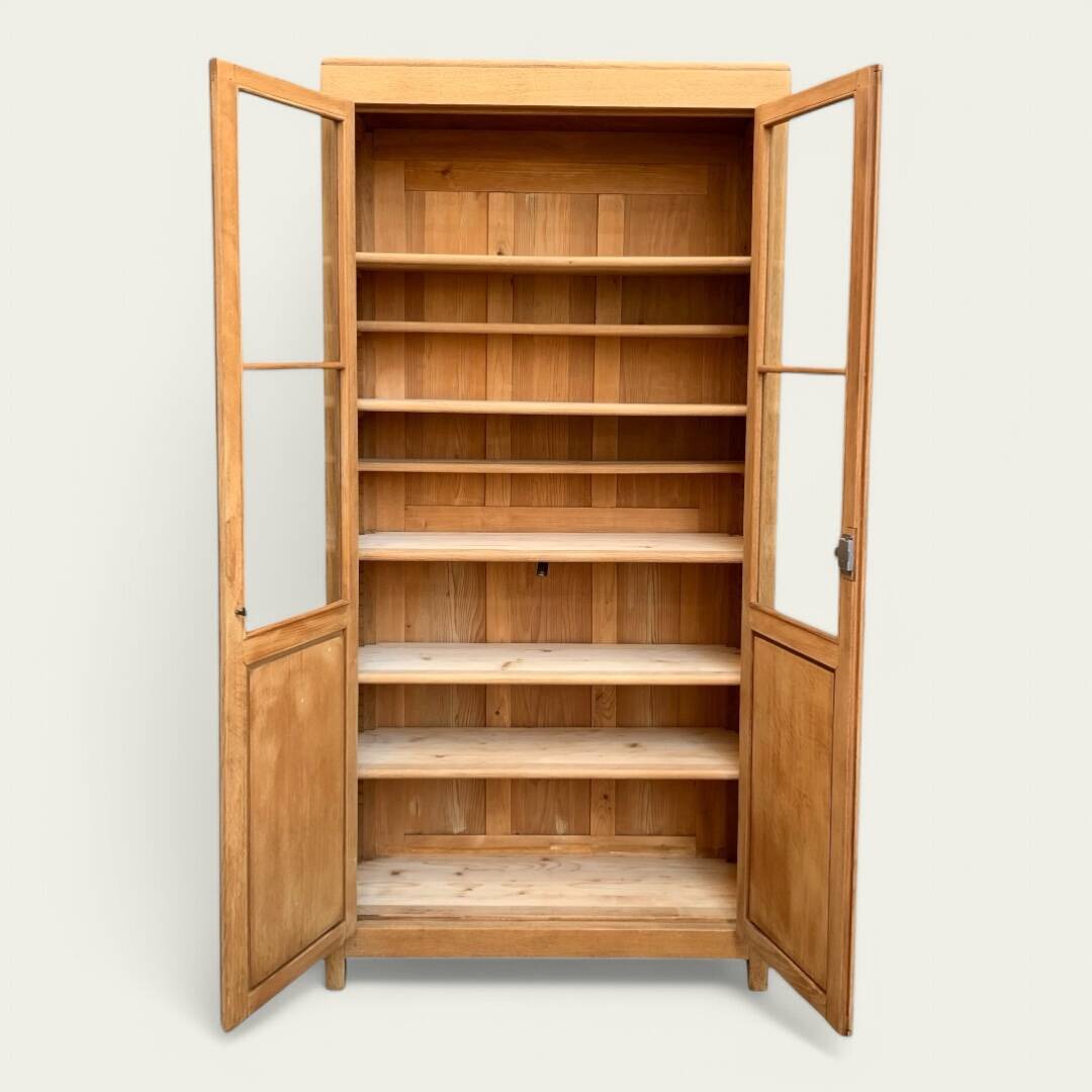 Parisian glass cabinet in solid raw oak, 1950