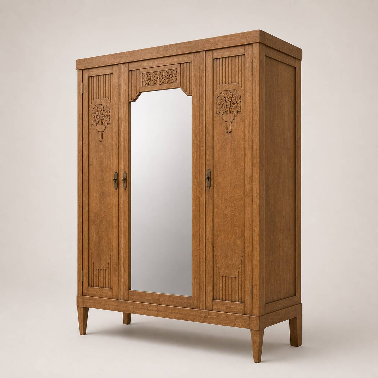 Art deco wardrobe in raw oak with bevelled mirror.