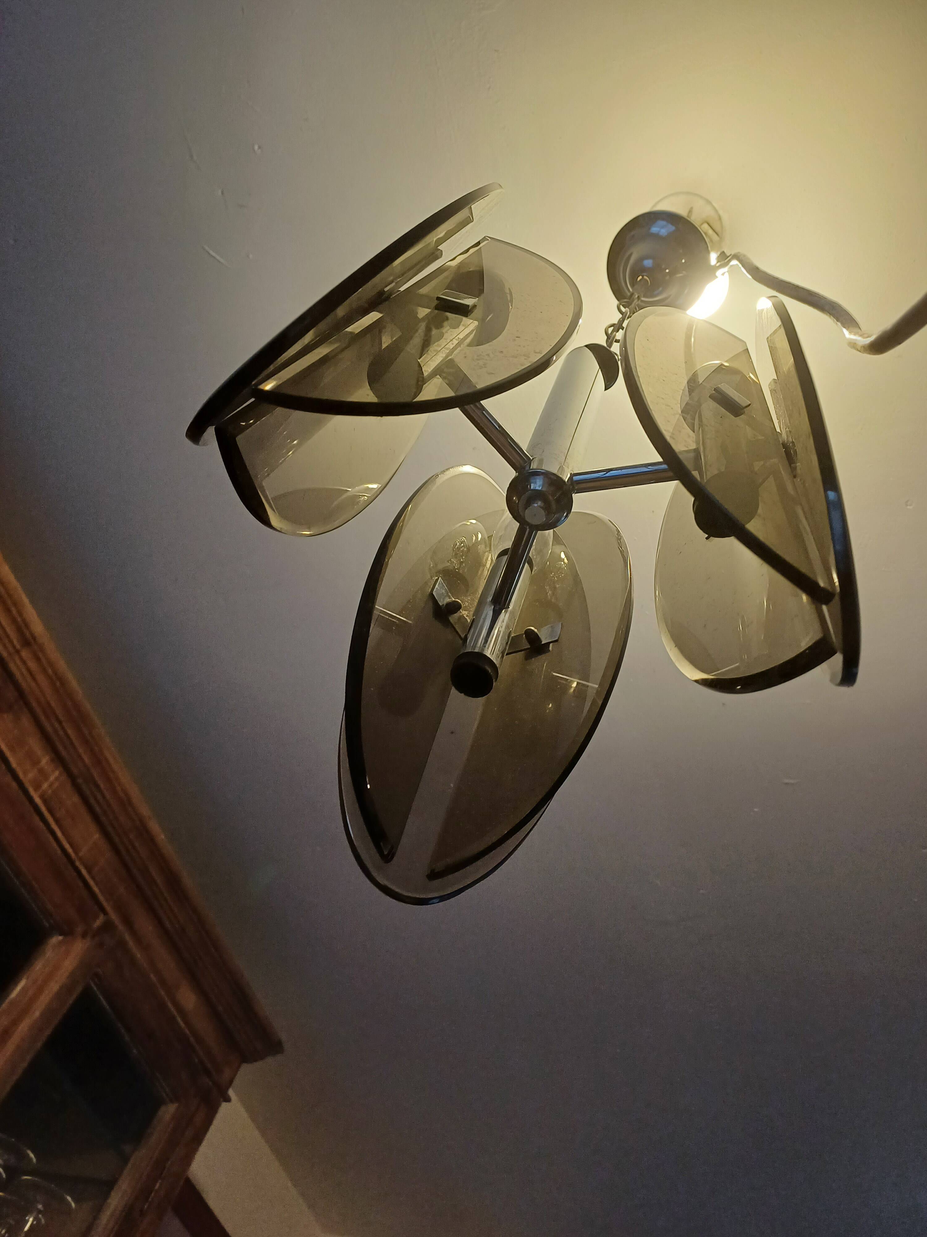 Vintage Chandelier Veca, Chrome and Smoked Glass