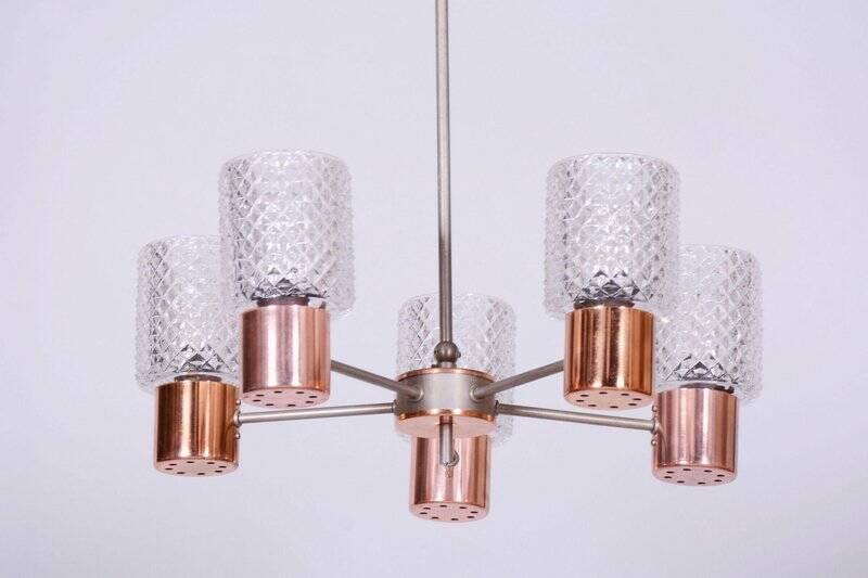Mid-Century Chandelier in Chrome, Steel, Copper, and Glass, Czech, 1960s