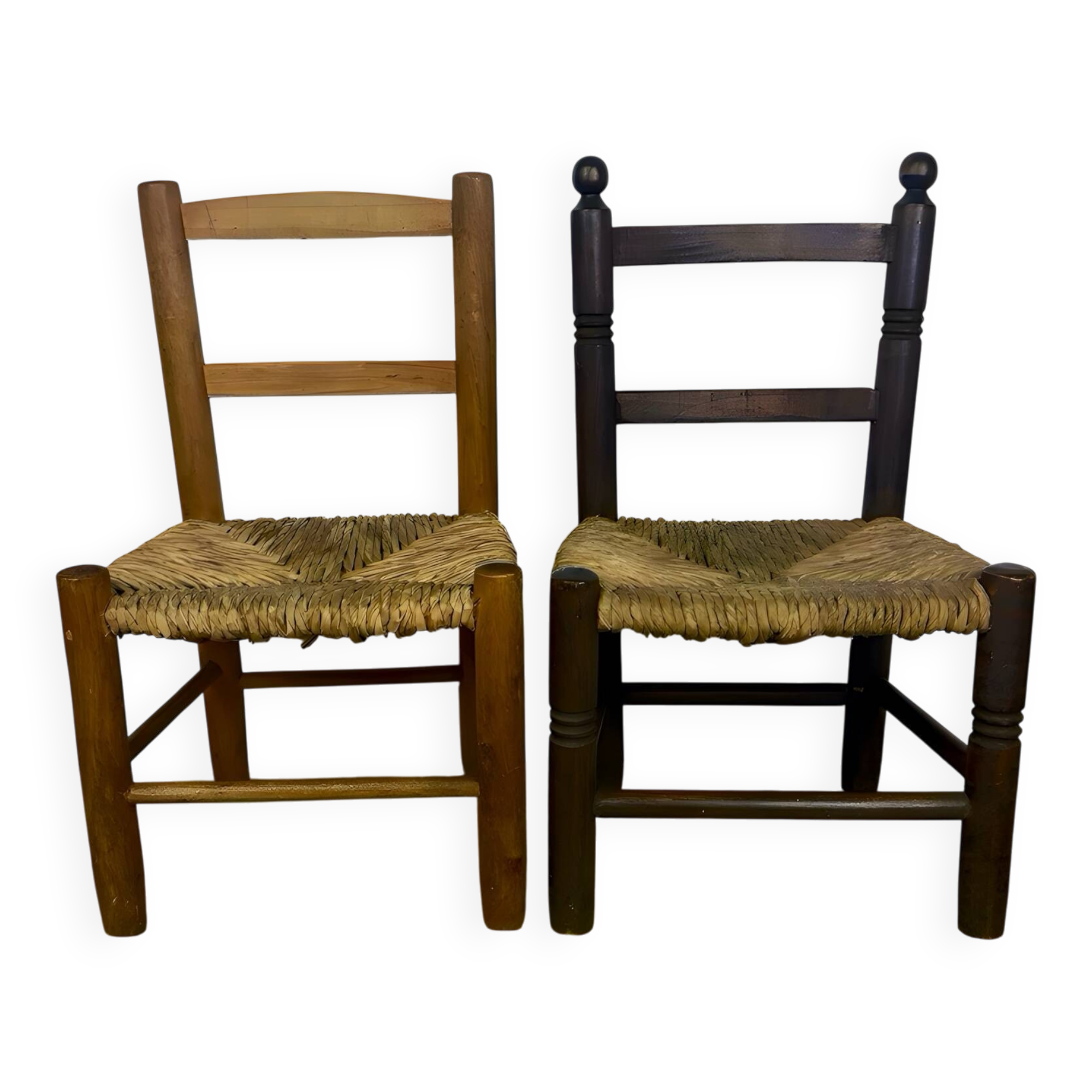 Pair of old wooden and straw children's chairs.