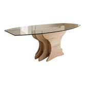 Grande table de salle à manger vintage en pierre beige et verre – 220 cm