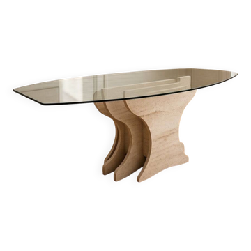 Large vintage dining table in beige stone and glass – 220 cm