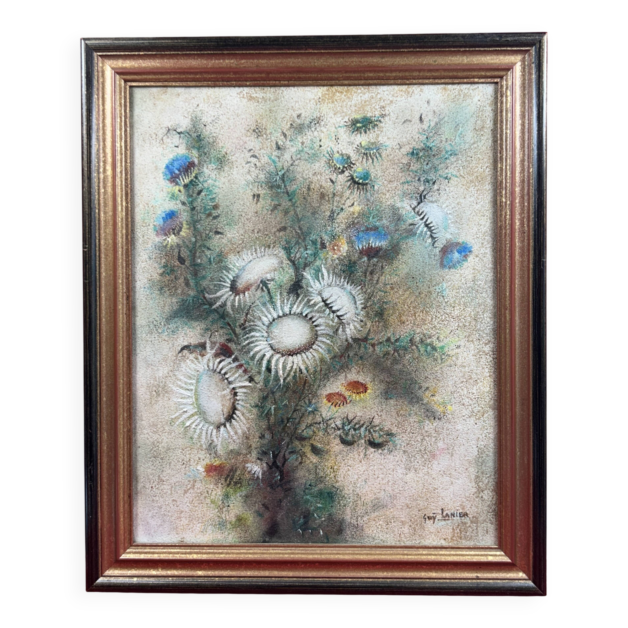 Oil/canvas Nature Wildflowers, Thistles signed Guy Lanier