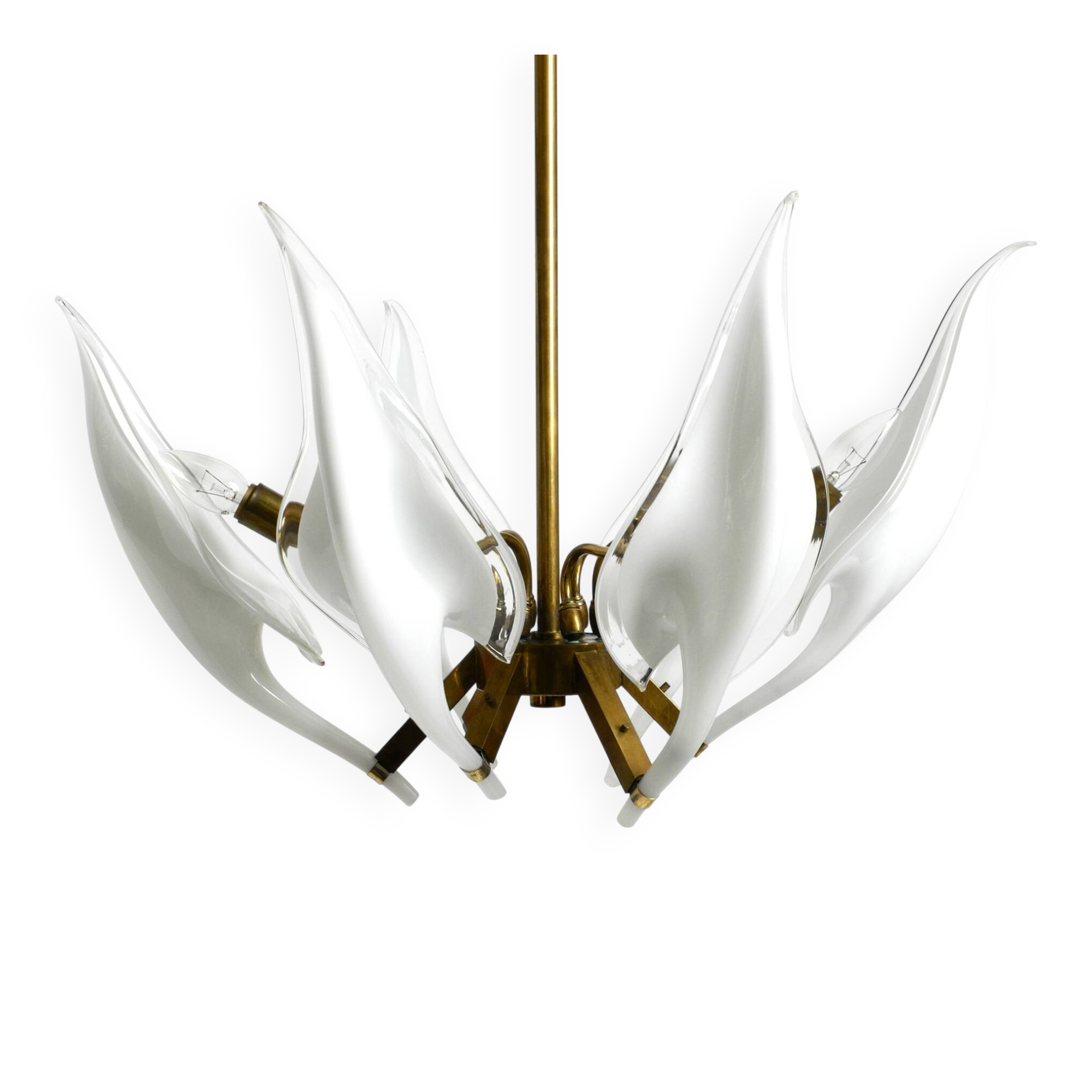 50s brass chandelier with white and transparent Murano glasses Franco Luce