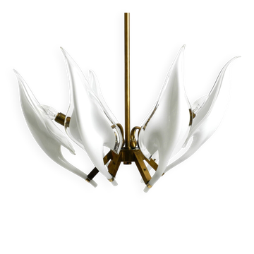 50s brass chandelier with white and transparent Murano glasses Franco Luce