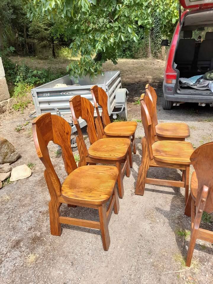 6 Belgian Brutalist Chairs in Solid Oak