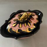 Plat bonbonnière céramique rose doré signée