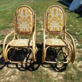 Set of 2 bamboo rocking chairs, yellow fabric with arabesques