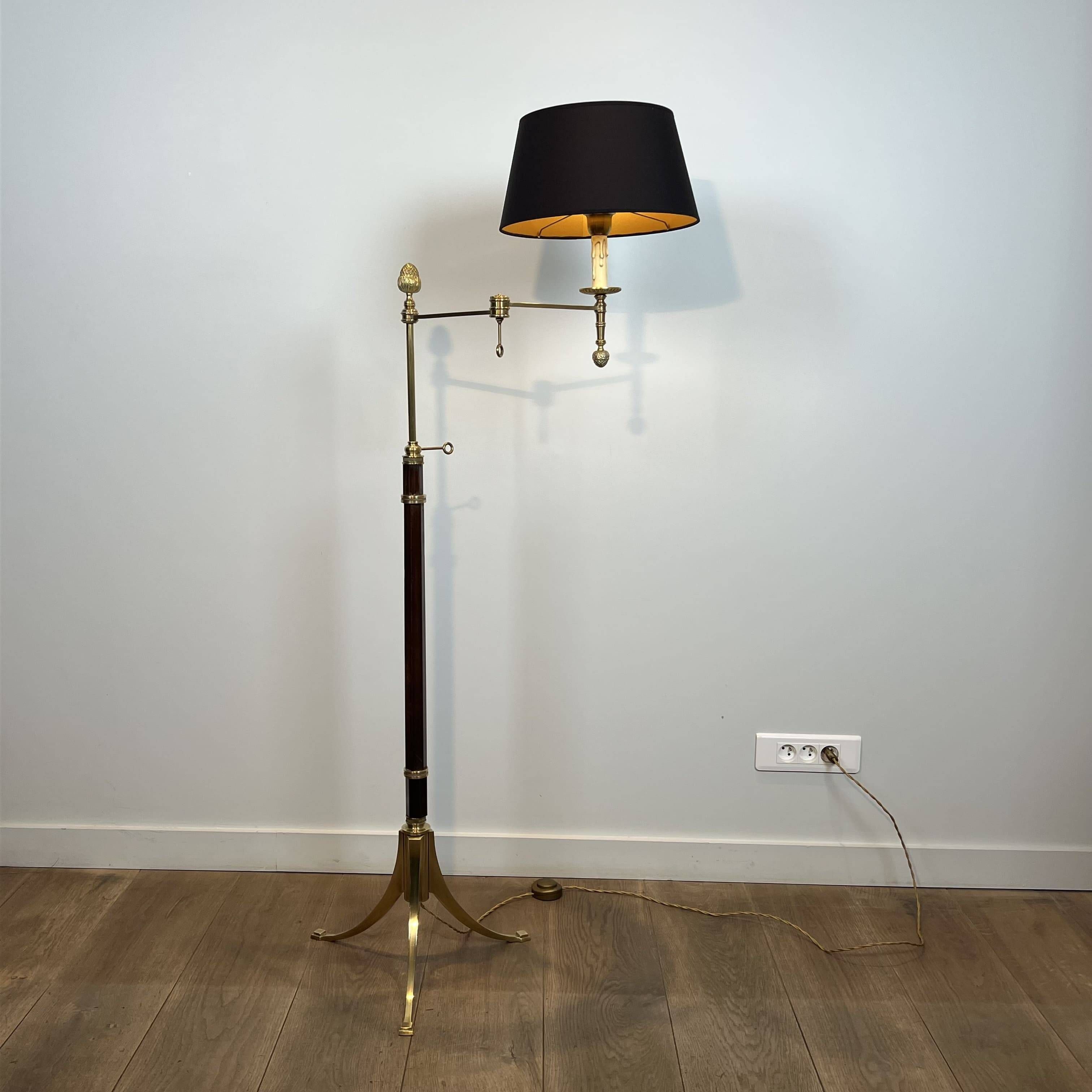 Reading Lamp in Mahogany and Gold Brass with Articulated Arm and Tripod Base