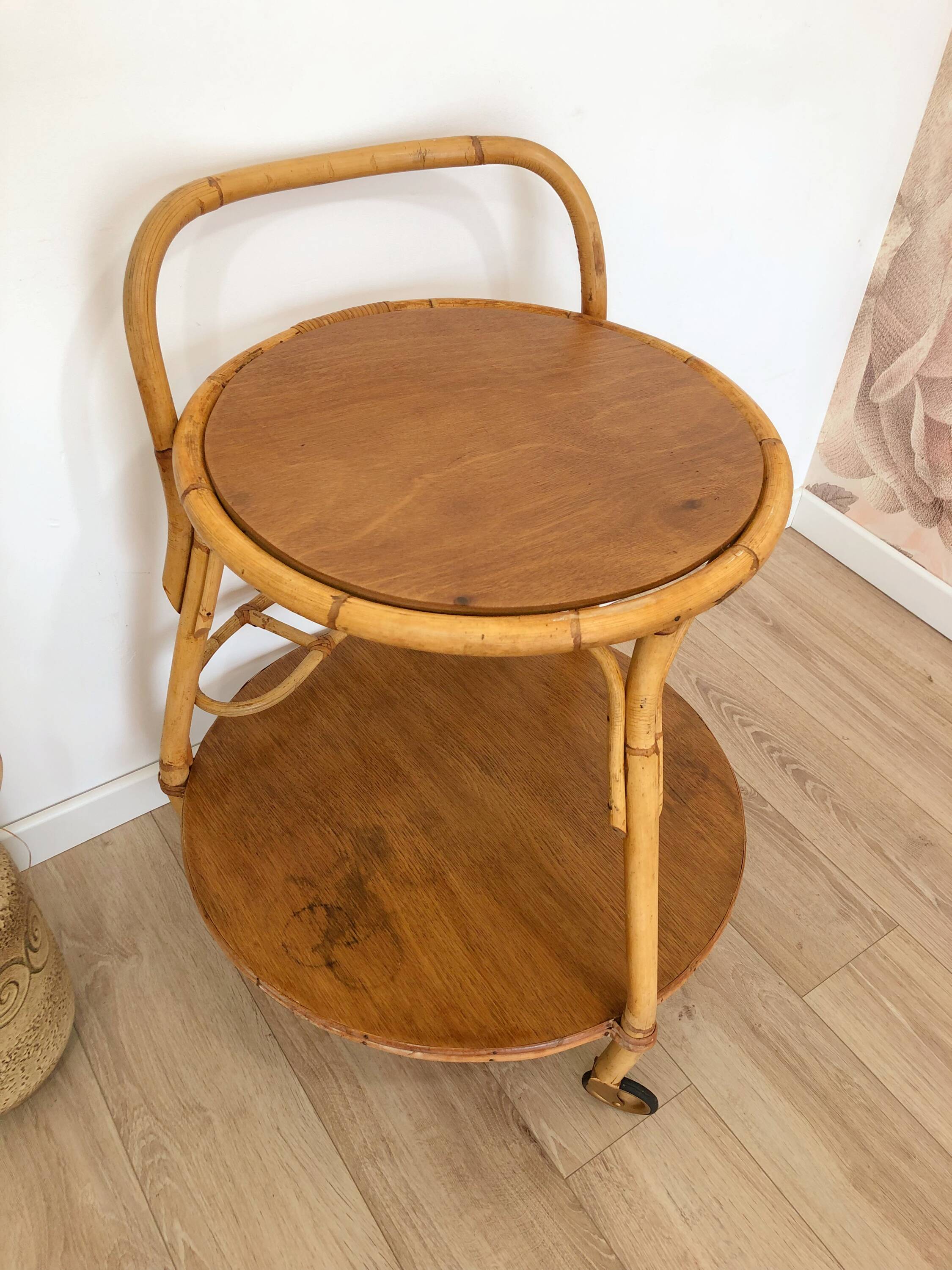 1960s/70s rattan rolling bar/serving cart