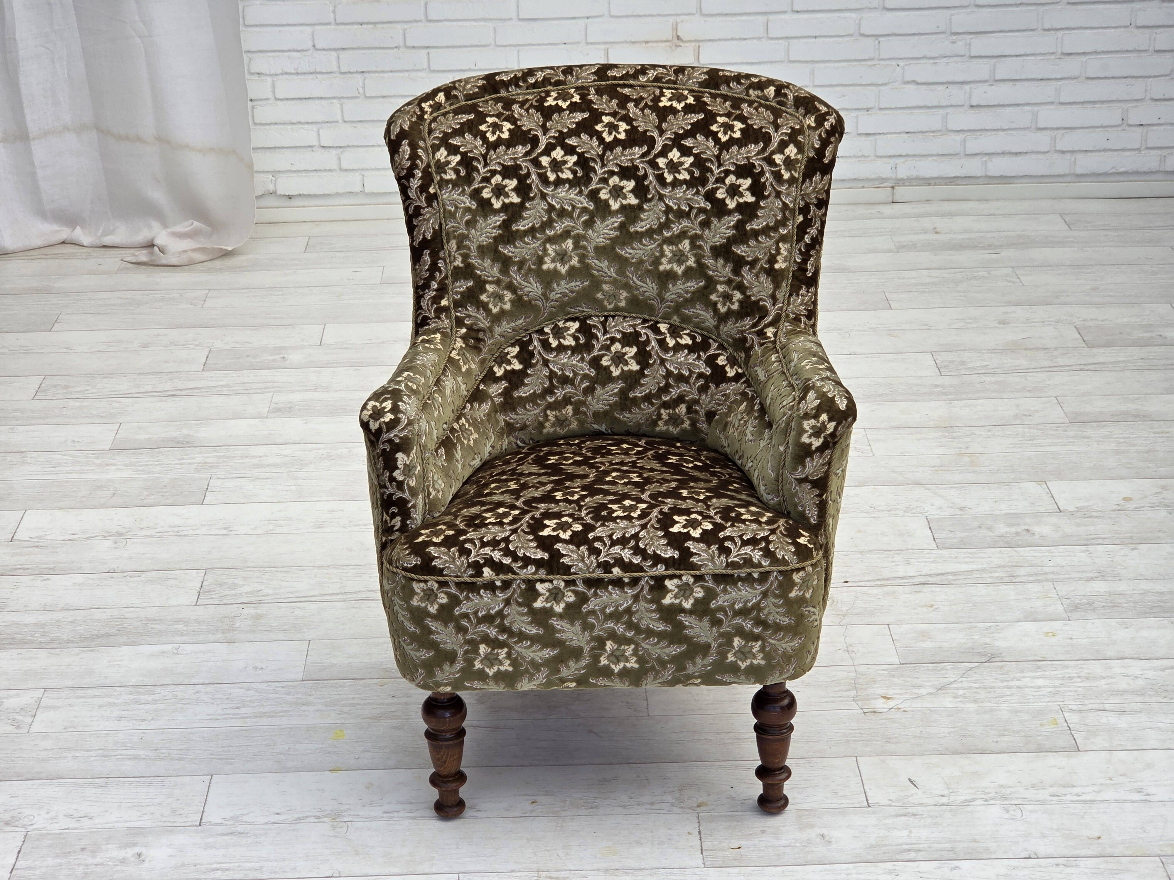 1950s, Danish armchair, green furniture velour, ash wood legs.