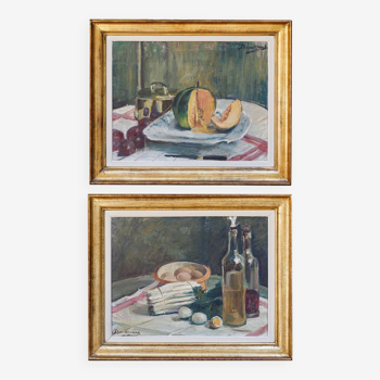 Ensemble de peintures à l'huile de natures mortes « Asperges et œufs » et « Melon » par Alexandre Denonne
