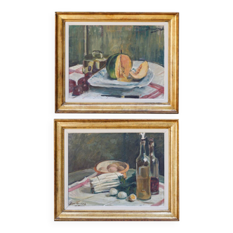 Still Life Oil Paintings Set “Asparagus & eggs” and “Melon” by Alexandre Denonne