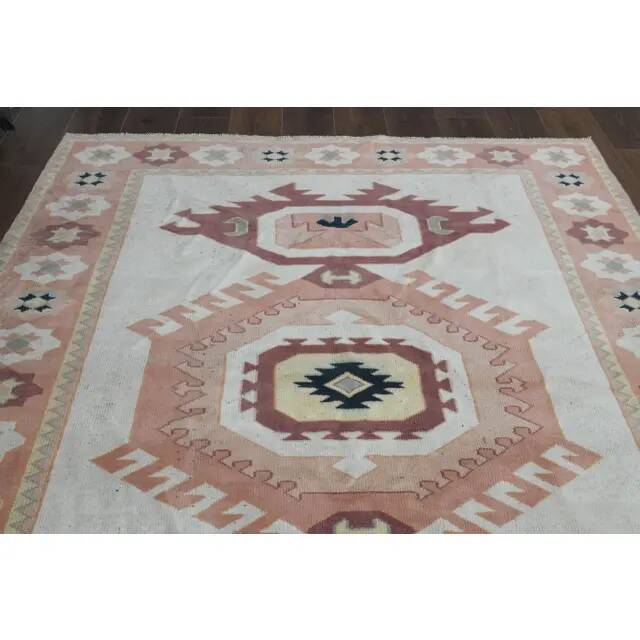 1970s Turkish Oushak Handmade Wool Cotton Pink Area Rug 183x244