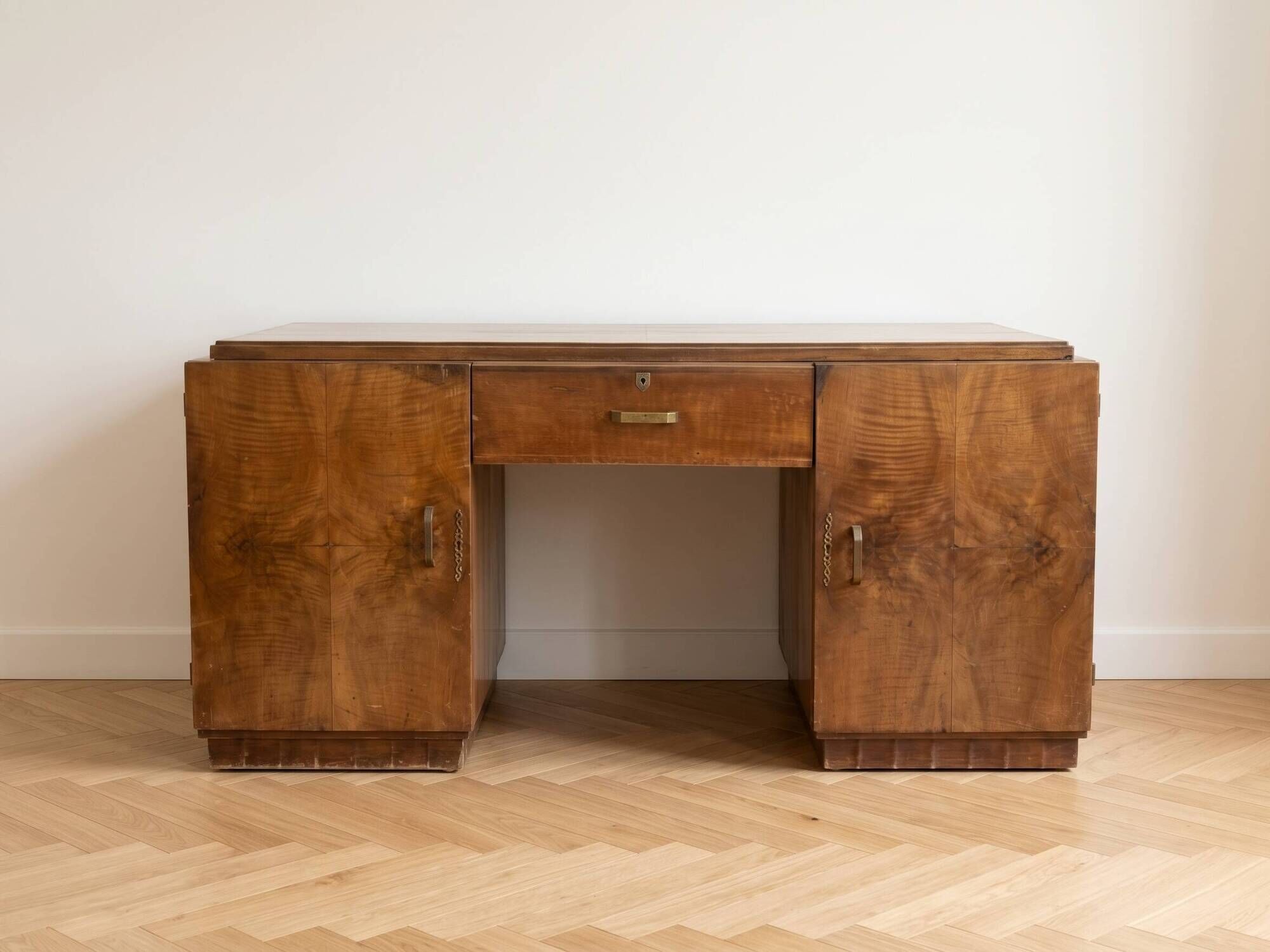 Large Art Deco desk in solid wood with storage cabinets.