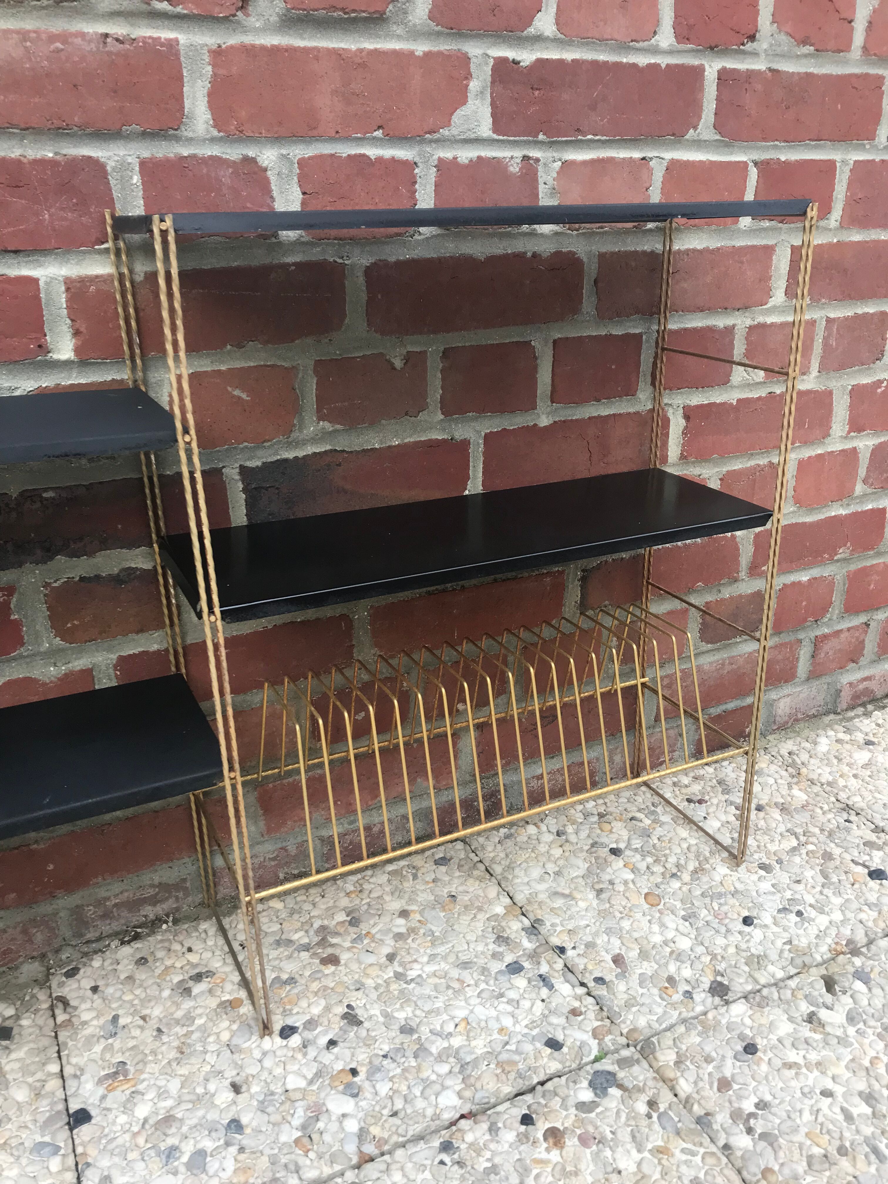 Black and gold metal string shelf with vinyl holder - vintage 1960